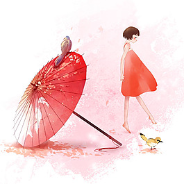 红衣女孩古典纸伞小鸟粉色素材