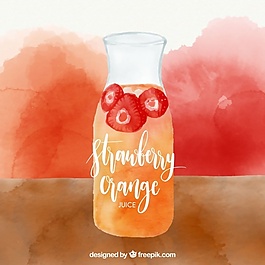 草莓和橙汁的水彩畫背景