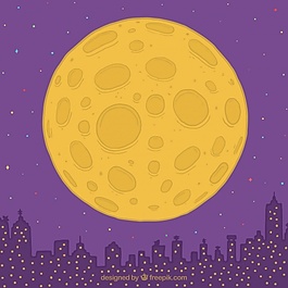 城市背景與手繪月亮
