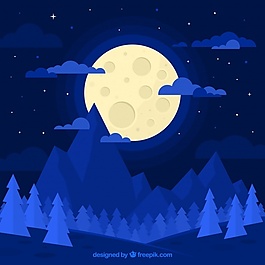 藍色的景觀背景與月亮在平面設計