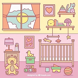 彩色嬰兒房玩具和嬰兒床