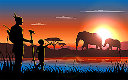 非洲人物大象插畫圖片
