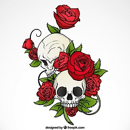 玫瑰和树叶手绘头骨的背景