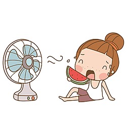 卡通女孩吃西瓜吹風扇元素