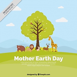 伟大的地球母亲日与树和动物的背景