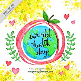 世界衛生日水彩背景與蘋果和世界