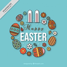 复活节背景与兔子耳朵和装饰蛋
