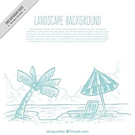 带伞和棕榈树的沙滩素描背景