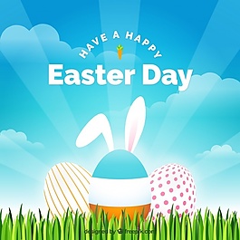 草地背景，复活节彩蛋和兔子耳朵