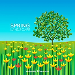 树木与花卉的春天景观背景