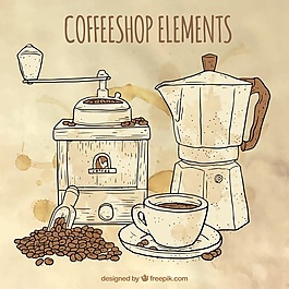 水彩背景与咖啡机和咖啡研磨机草图