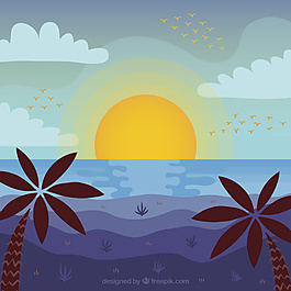 日落時分的棕櫚樹海灘