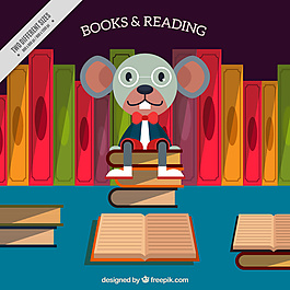 鼠标背景坐在一堆书上，鼠标背景坐在一摞书上，平面设计。