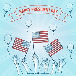 藍色的背景和總統節的雙手和旗幟