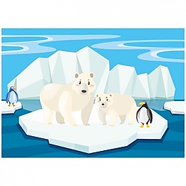 冰山上的北極熊和企鵝的場景