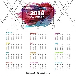 2018個帶有幾何線條和彩色污點的日歷