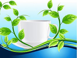 綠色小清新葉子茶杯背景圖
