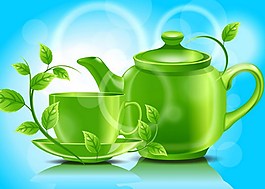 小清新綠色茶壺茶杯背景圖