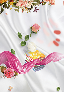 白色背景布粉色花朵紫色飄帶溫馨廣告背景