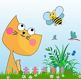 花园可爱小猫与蜜蜂背景图