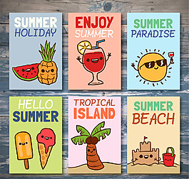 6款彩繪夏季度假卡片矢量素材