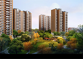 城市小區(qū)高層建筑與花園景觀圖