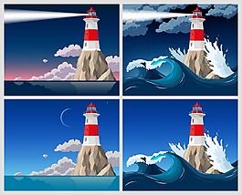 夕阳阴天海洋灯塔航海矢量源文件设计素材