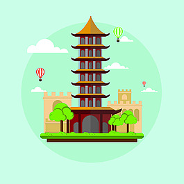 卡通中式建筑旅游素材