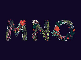 夏日主題花朵樹葉拼貼組合英文字母矢量