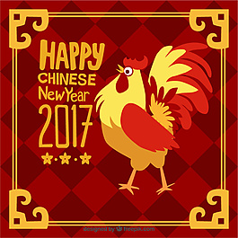 有金框和公雞的手繪中國(guó)新年背景