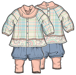 格子衫套装女宝宝服装设计彩色稿件矢量素材