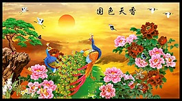 國色天香孔雀朝陽psd素材分層