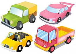 白色背景下四輛彩色車的插圖