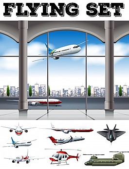 機(jī)場(chǎng)現(xiàn)場(chǎng)有許多飛機(jī)插圖