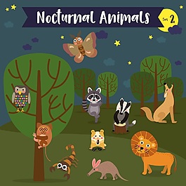 夜晚野生動物卡通形象矢量素材