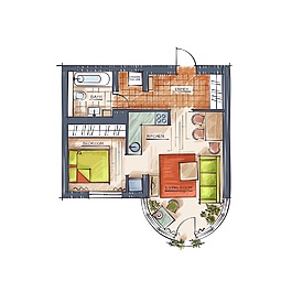 手繪一室一廳房型家居裝修布置矢量