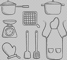 手繪線描風格廚房用品免摳png透明素材