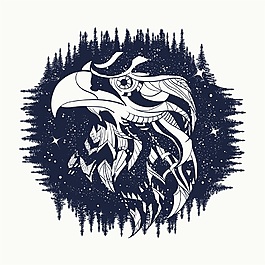 樹林紋身圖案創(chuàng)意動(dòng)物鷹眼矢量