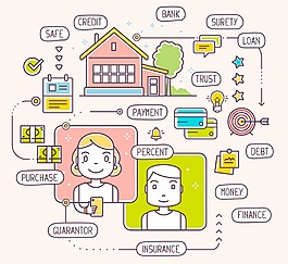 卡通人物銀行工作流程圖矢量插畫