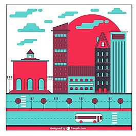 扁平的城市建筑物，紅色的藍(lán)色調(diào)