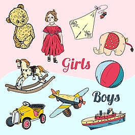女孩和男孩的老式玩具