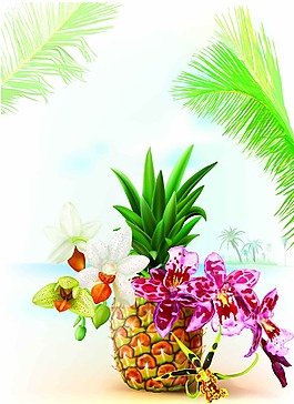 熱帶菠蘿和花朵插畫