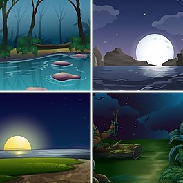 森林與湖泊的四個夜景