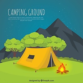 手繪的黃色帳篷在夜景