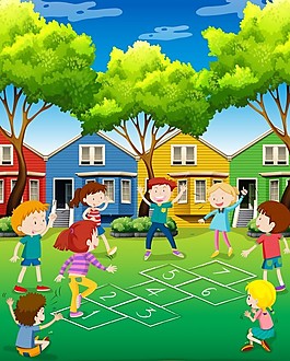 院子里的孩子玩跳房子游戲說明