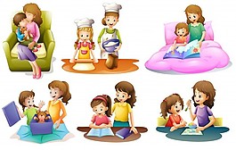 在白色背景下說明母親和孩子的不同活動