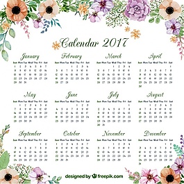 2017月歷與花卉水彩裝飾