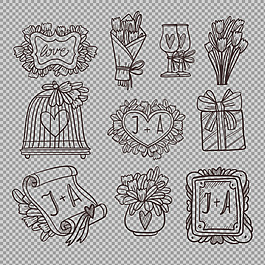 素描風格婚禮元素免摳png透明圖層素材