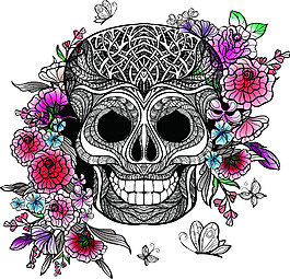 骷髏頭花朵紋身圖案矢量
