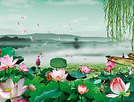 蓮葉荷花游湖圖分層psd素材